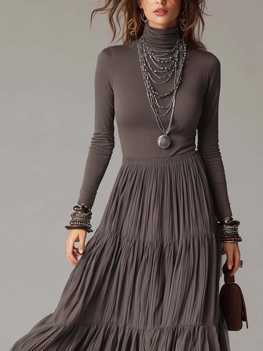 Vestido Maxi Suave de Cuello Alto con Falda Plisada - Gris - S