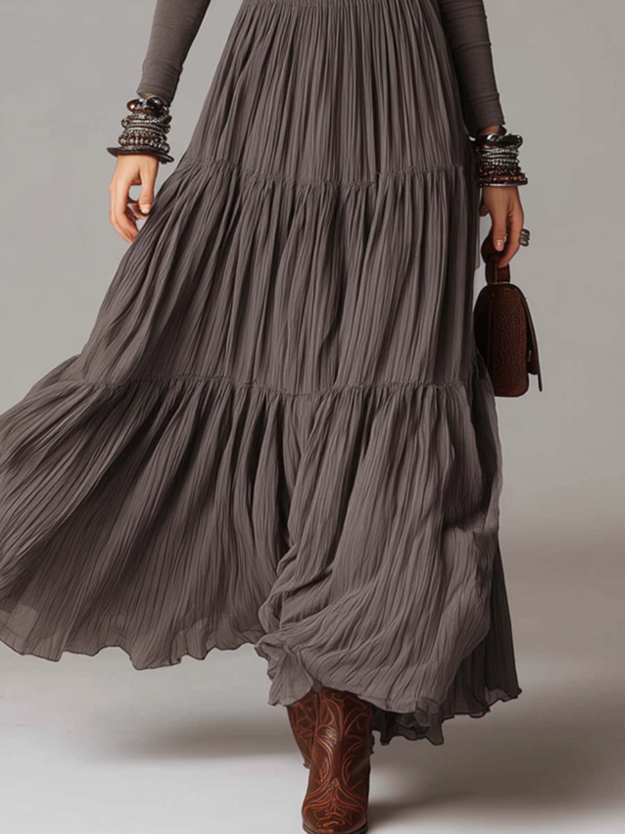 Vestido Maxi Suave de Cuello Alto con Falda Plisada - Gris - M