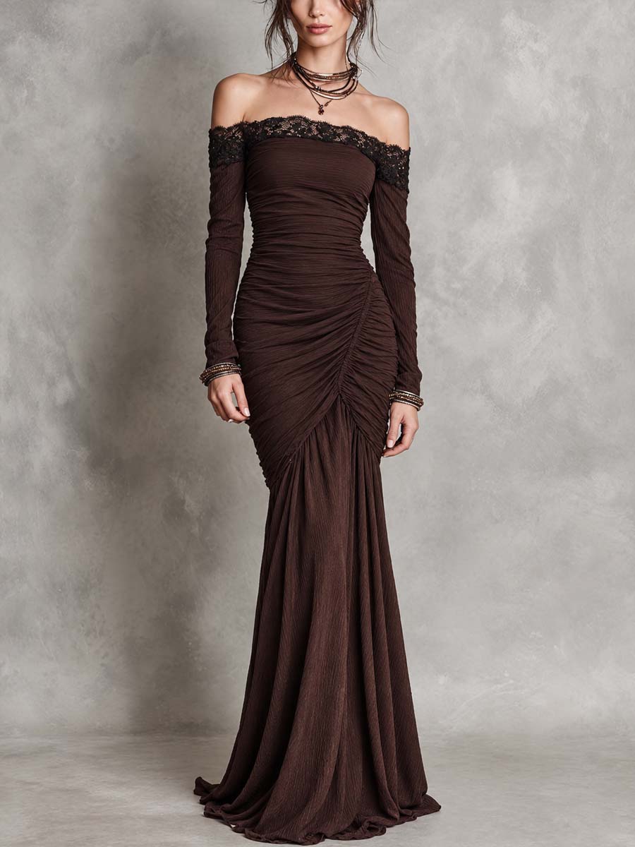 Vestido de Noche Vintage de Encaje con Hombros Descubiertos - Café - XS