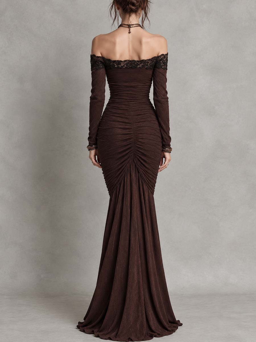 Vestido de Noche Vintage de Encaje con Hombros Descubiertos - Café - S