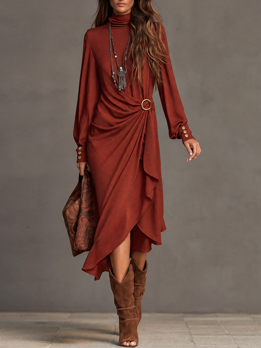 Vestido Bohemio Drapeado Color Óxido con Hebilla en la Cintura - Rojo - XS