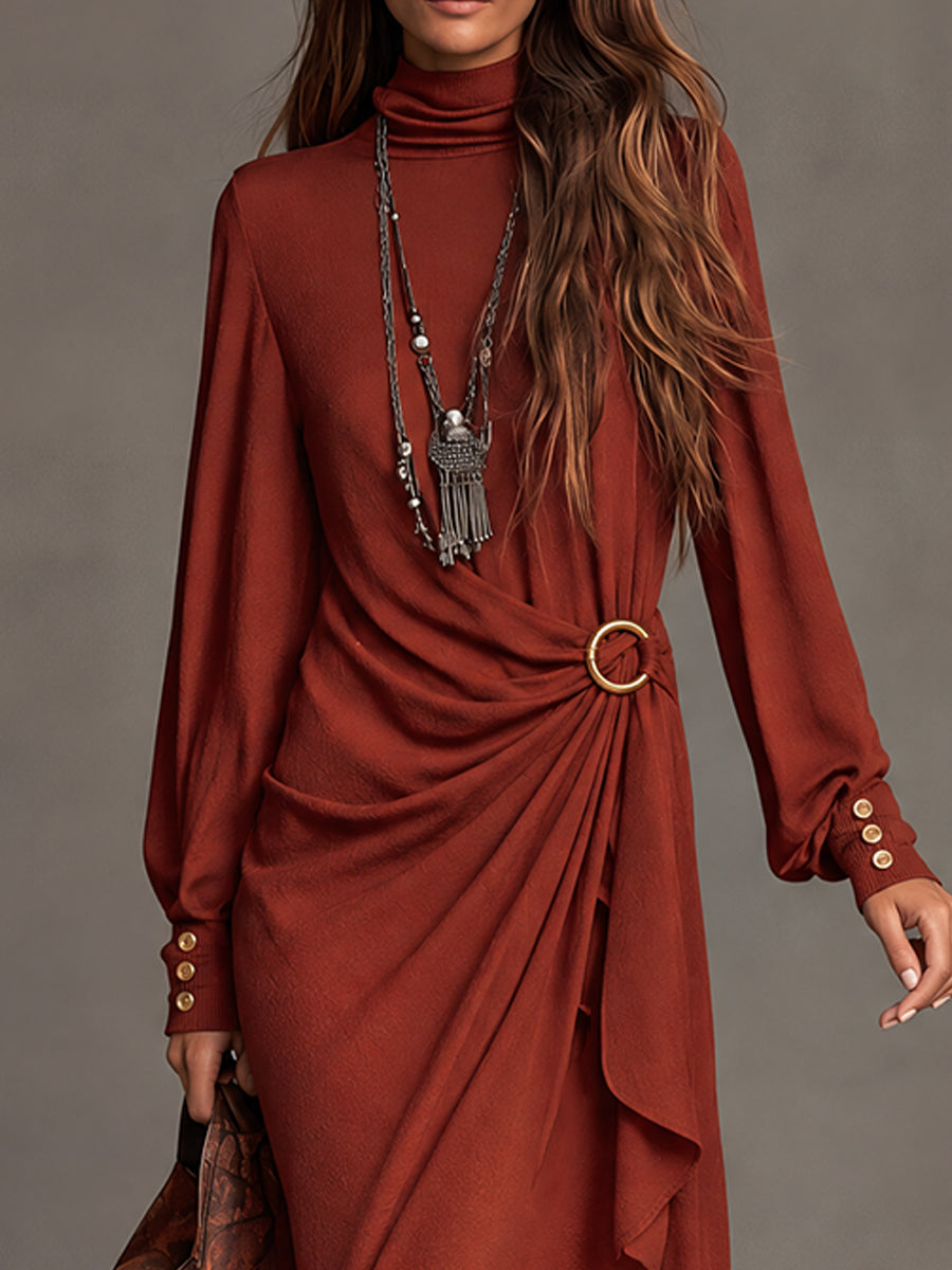 Vestido Bohemio Drapeado Color Óxido con Hebilla en la Cintura - Rojo - S