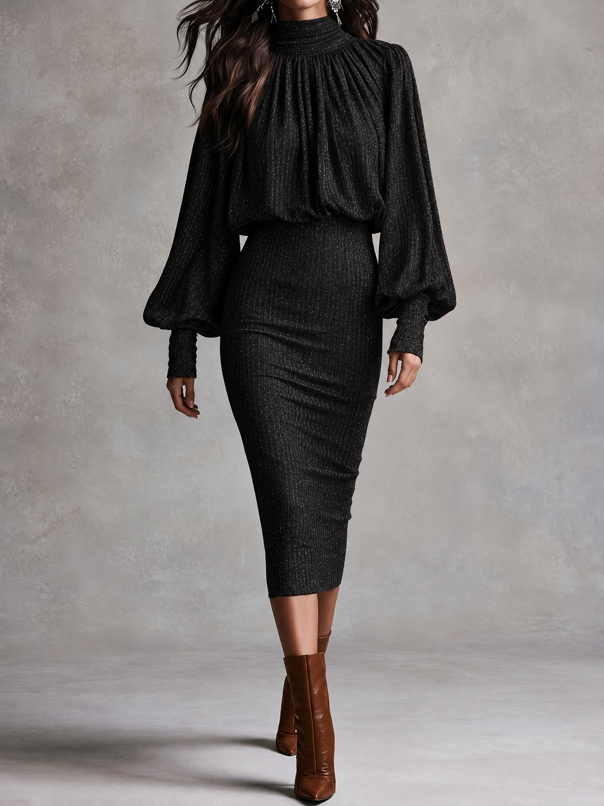 Vestido Midi Negro de Punto con Brillos, Cuello Alto y Mangas Obispo - Negro - XS