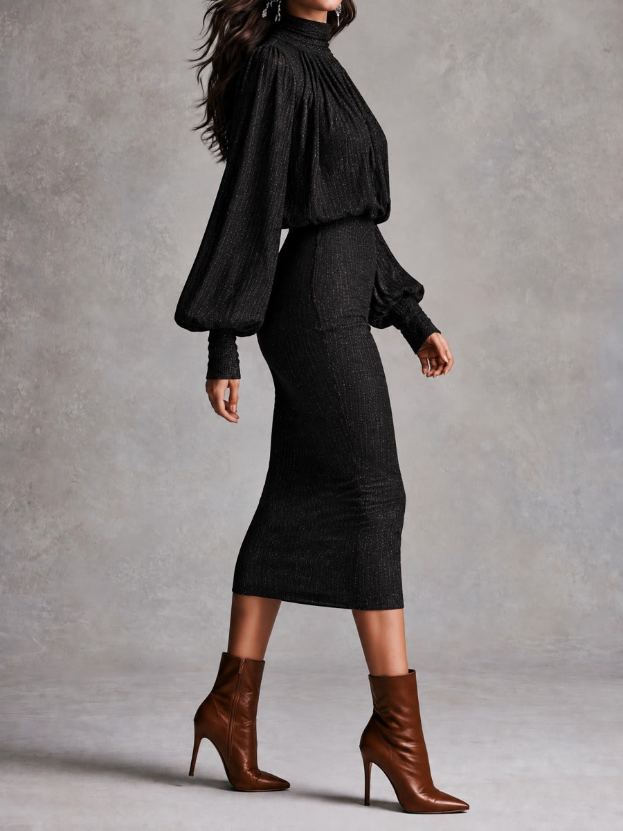 Vestido Midi Negro de Punto con Brillos, Cuello Alto y Mangas Obispo - Negro - M