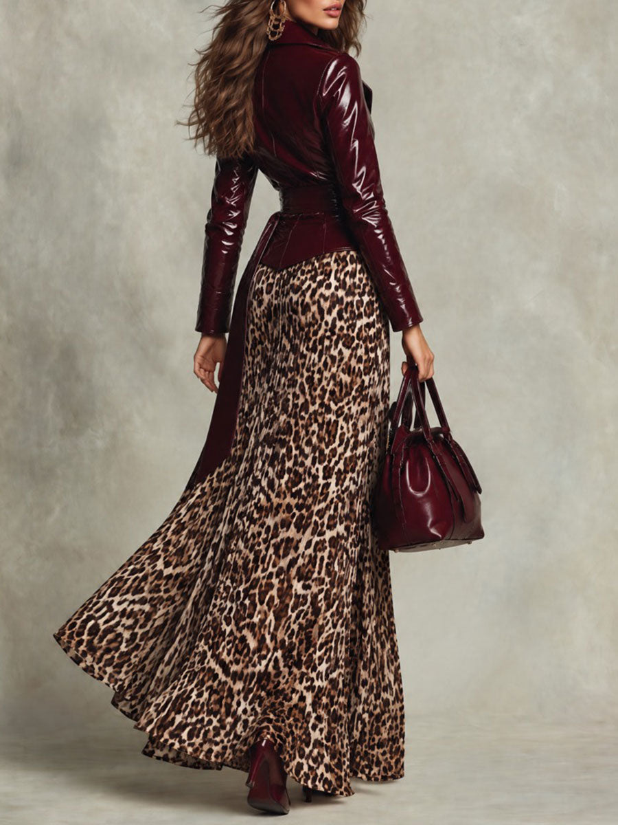 Falda Maxi Retro Vaporosa con Estampado de Leopardo - Café - XL
