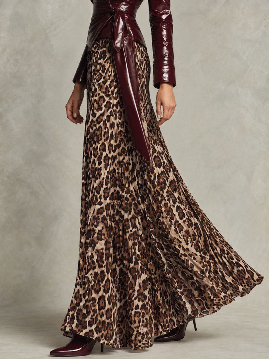 Falda Maxi Retro Vaporosa con Estampado de Leopardo - Café - M