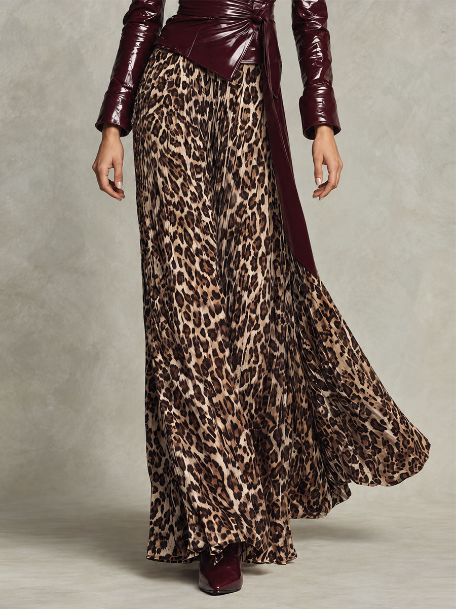 Falda Maxi Retro Vaporosa con Estampado de Leopardo - Café - XS