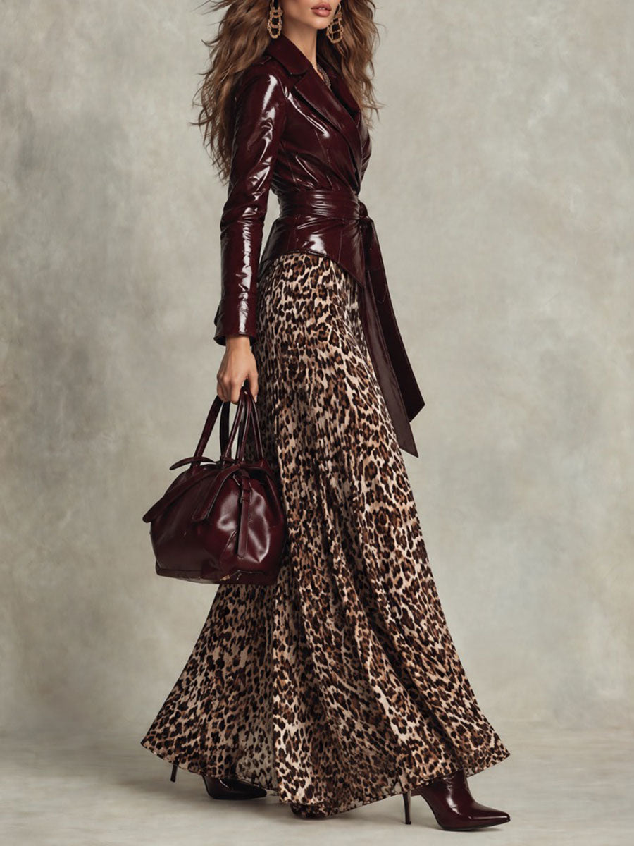 Falda Maxi Retro Vaporosa con Estampado de Leopardo - Café - L