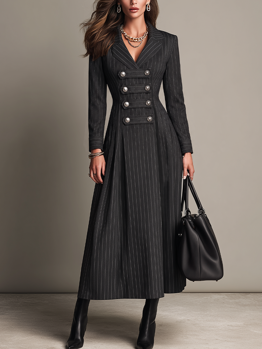 Vestido Maxi Militar de Sastrería Gris Oxford con Rayas Diplomáticas - Gris Oxford - XS