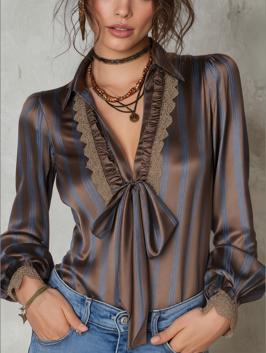Blusa de Rayas para Mujer con Lazo al Cuello, Olanes y Ribete de Encaje - Café - XS