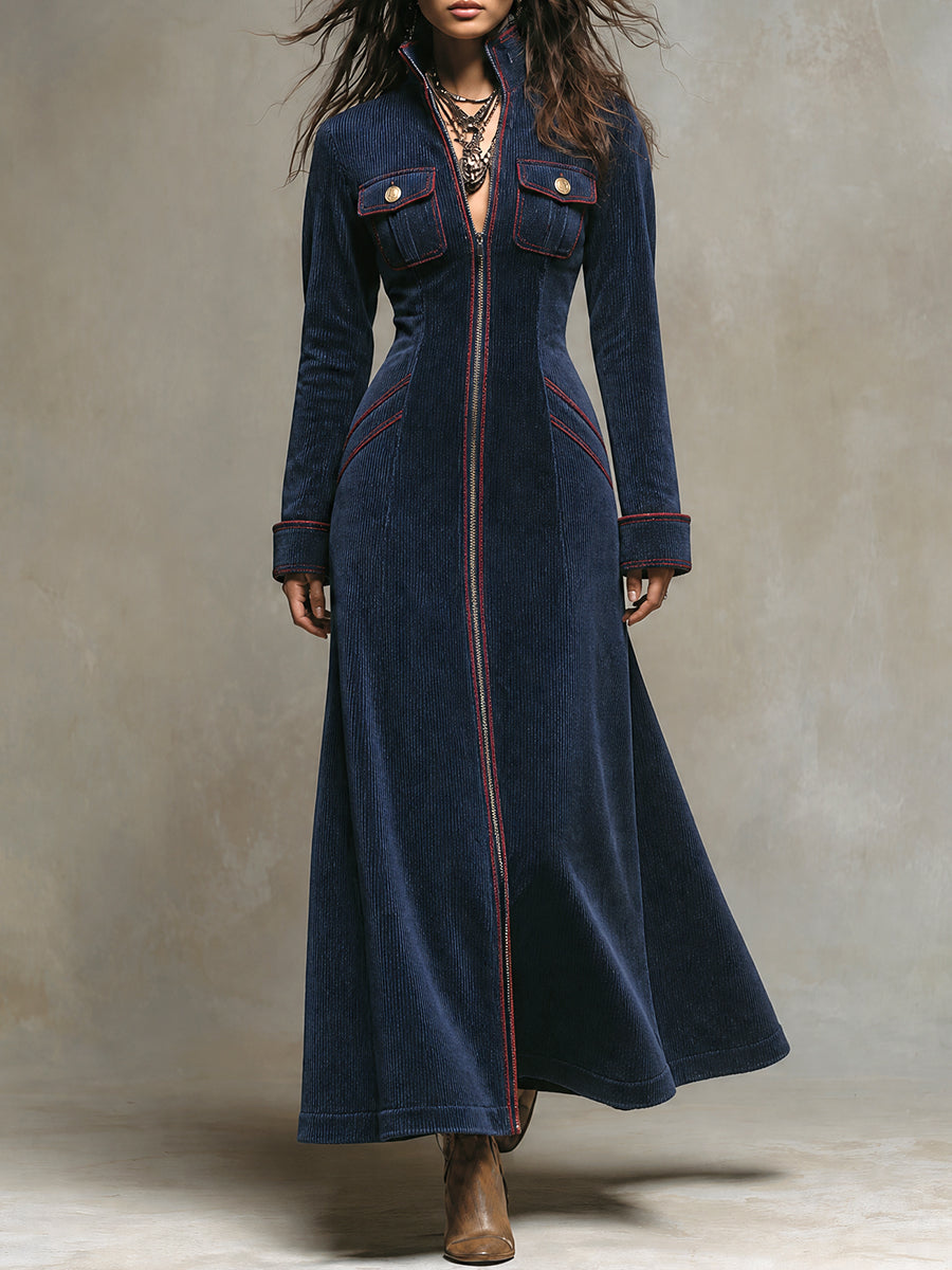 Vestido Largo Midnight Nomad de Pana Estilo Duster - Azul - XS