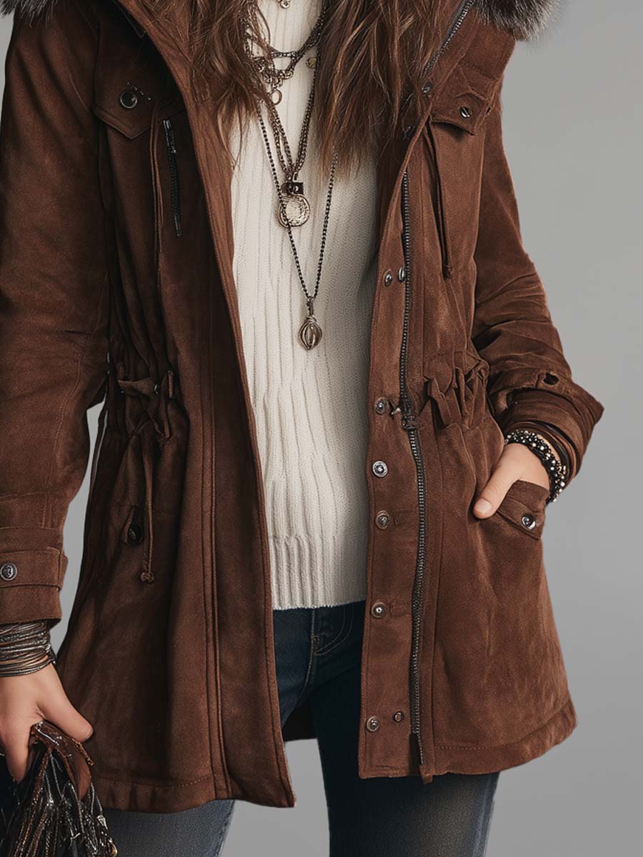 Abrigo de Gamuza de Poliéster Estilo Vintage con Cintura de Cordón - Café - M