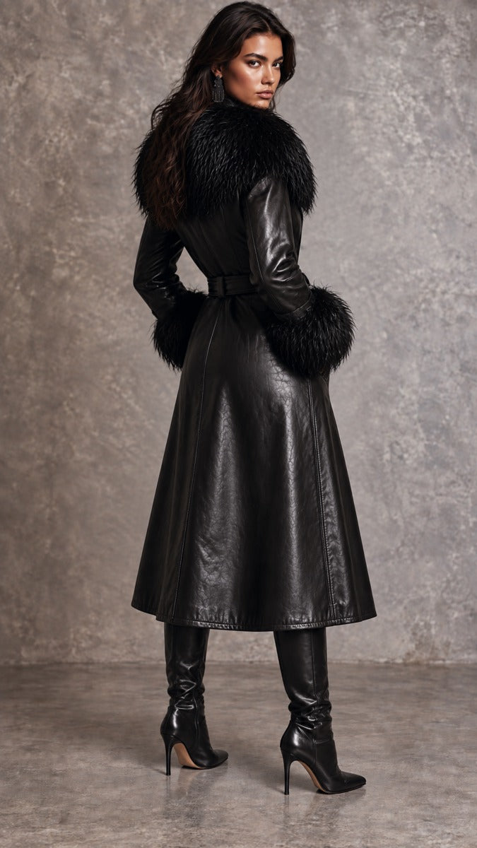 Gabardina Larga Retro de Piel Sintética con Doble Botonadura y Ribete de Piel Mullida Desmontable - Negro - M