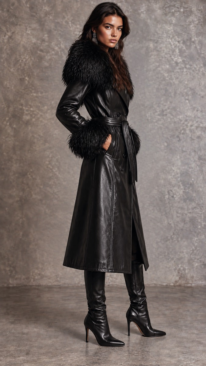 Gabardina Larga Retro de Piel Sintética con Doble Botonadura y Ribete de Piel Mullida Desmontable - Negro - L