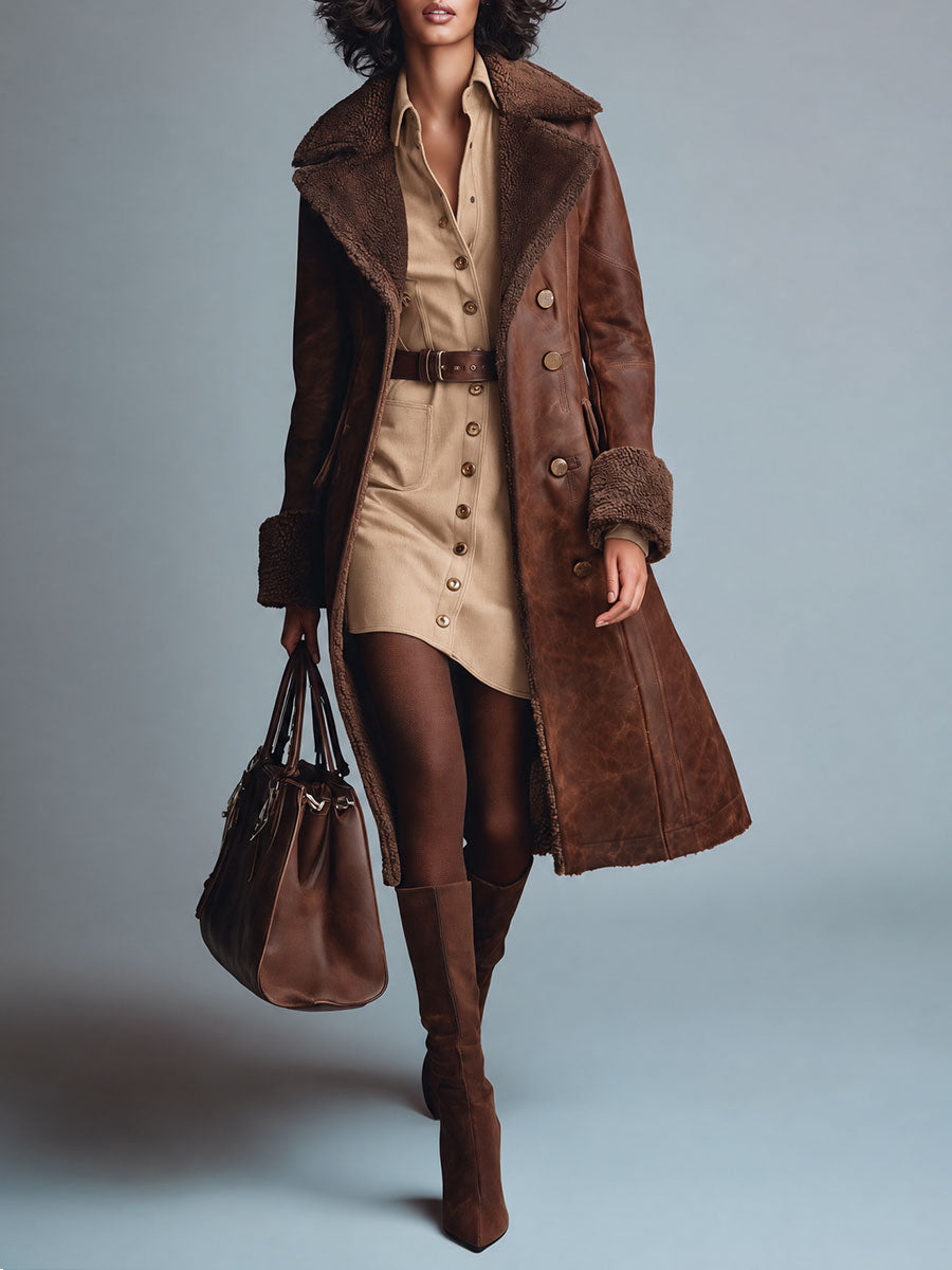 Gabardina de Piel para Mujer con Ribete de Borrego Sintético - Café - XS