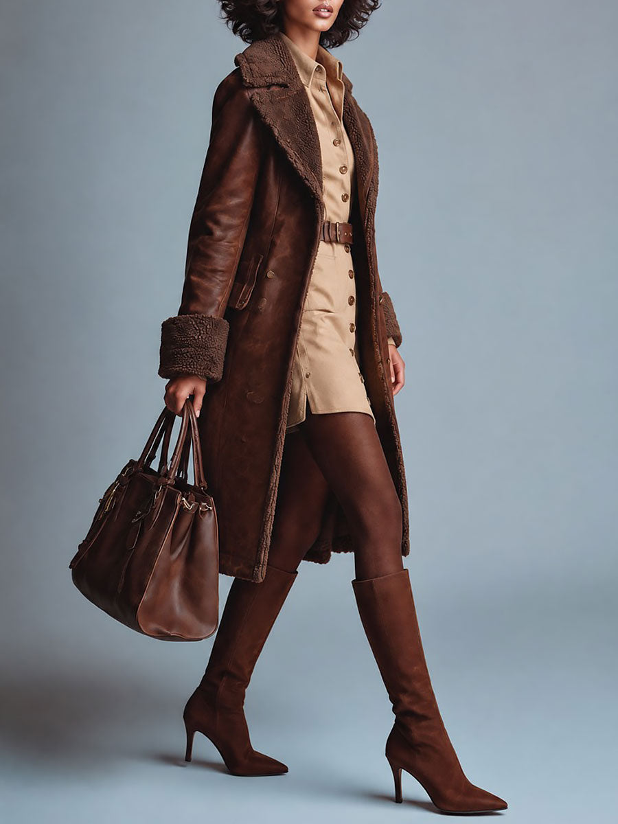 Gabardina de Piel para Mujer con Ribete de Borrego Sintético - Café - L