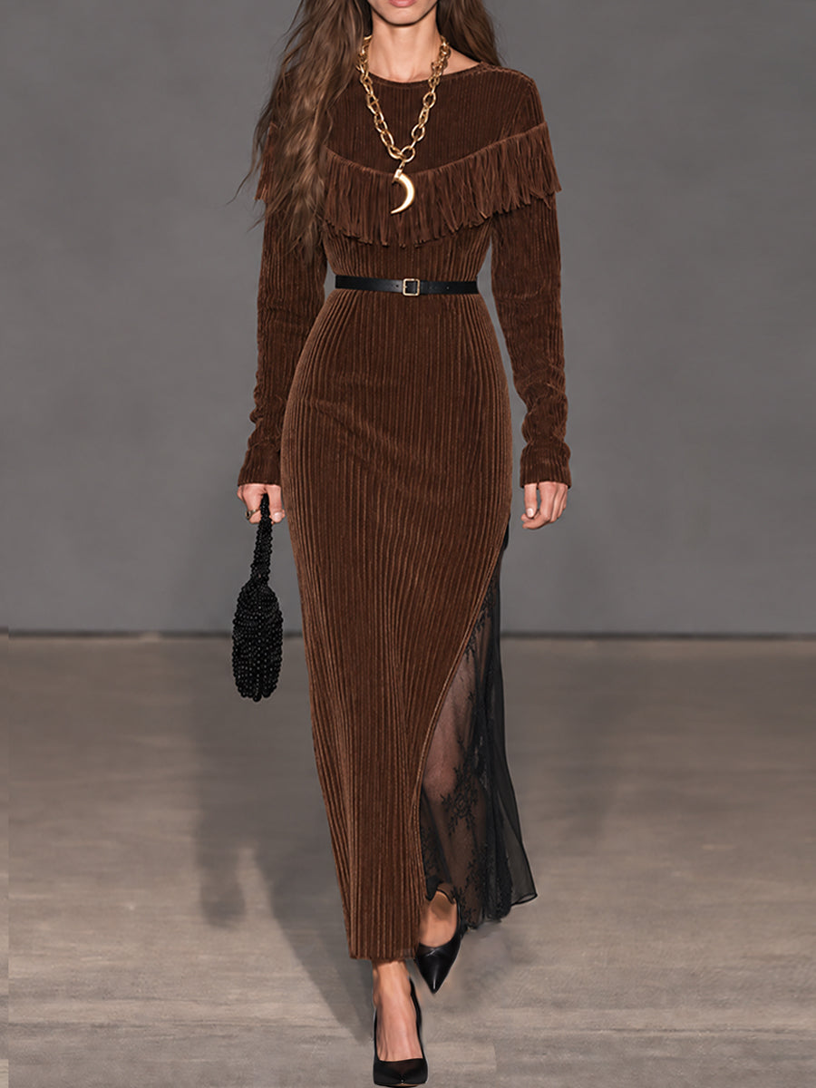 Vestido Maxi Cocoa Nomad de Pana con Flecos y Paneles de Encaje - Café - XS