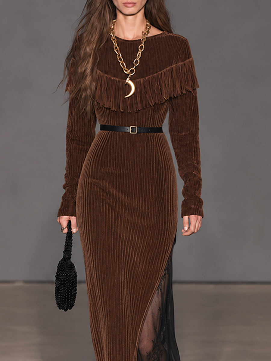Vestido Maxi Cocoa Nomad de Pana con Flecos y Paneles de Encaje - Café - S