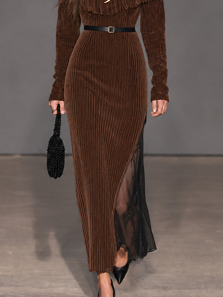 Vestido Maxi Cocoa Nomad de Pana con Flecos y Paneles de Encaje - Café - M