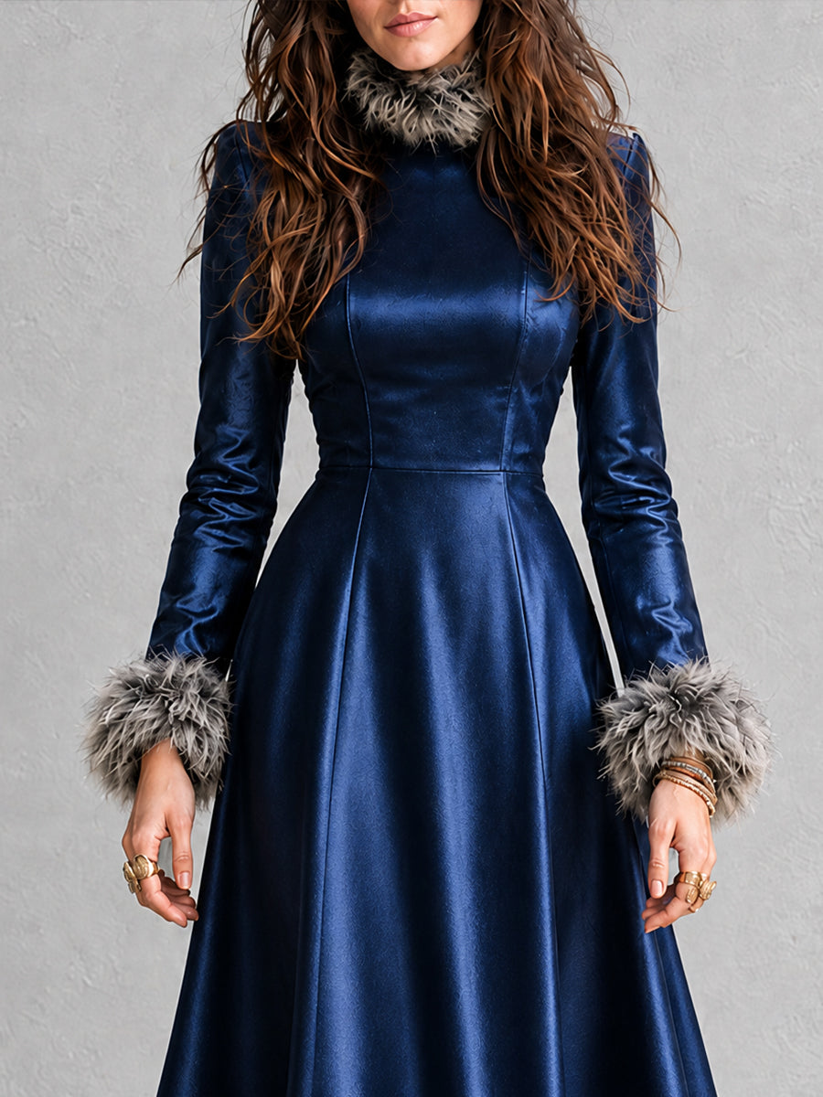 Vestido Midnight Bohemian de Piel Sintética con Ribete de Peluche - Azul - S
