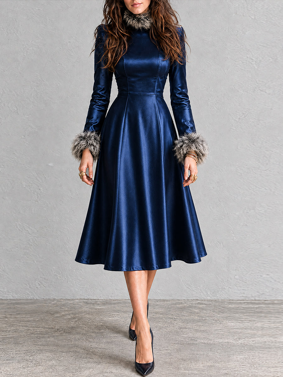 Vestido Midnight Bohemian de Piel Sintética con Ribete de Peluche - Azul - XS