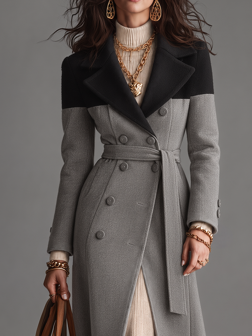 Abrigo Maxi Elegante Gris por Bloques de Color con Cinturón y Doble Botonadura - Gray & Black - S