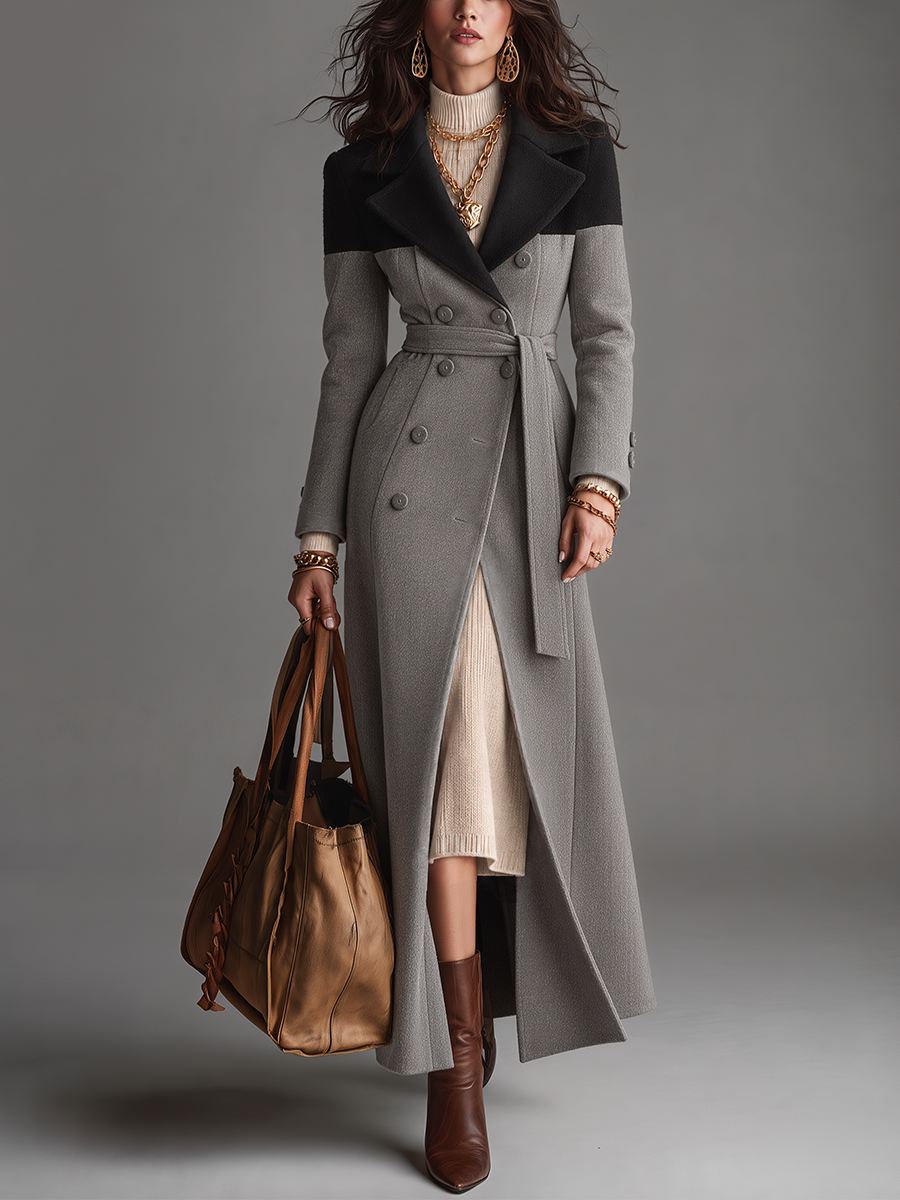 Abrigo Maxi Elegante Gris por Bloques de Color con Cinturón y Doble Botonadura - Gray & Black - XS