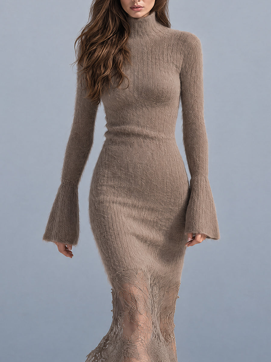 Vestido Midi de Punto Taupe Nomad con Dobladillo de Encaje - Taupe - S