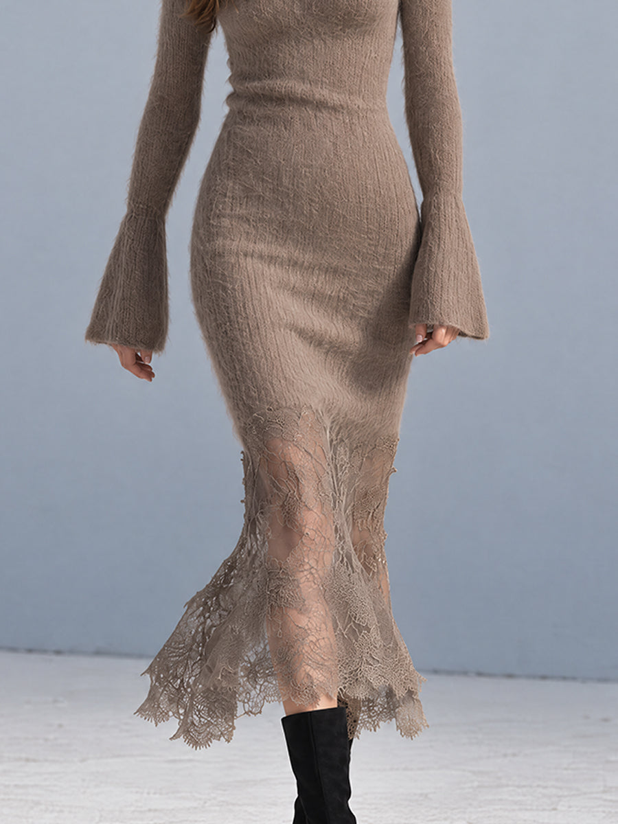 Vestido Midi de Punto Taupe Nomad con Dobladillo de Encaje - Taupe - M