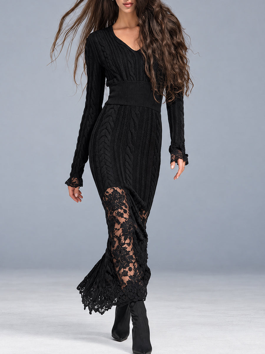 Vestido Maxi Midnight Nomad de Punto Trenzado con Paneles de Encaje - Negro - XS