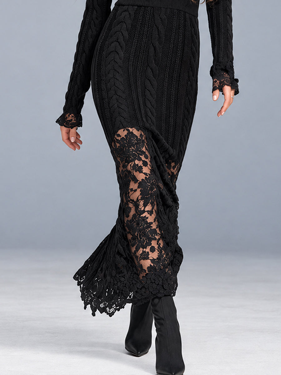 Vestido Maxi Midnight Nomad de Punto Trenzado con Paneles de Encaje - Negro - M