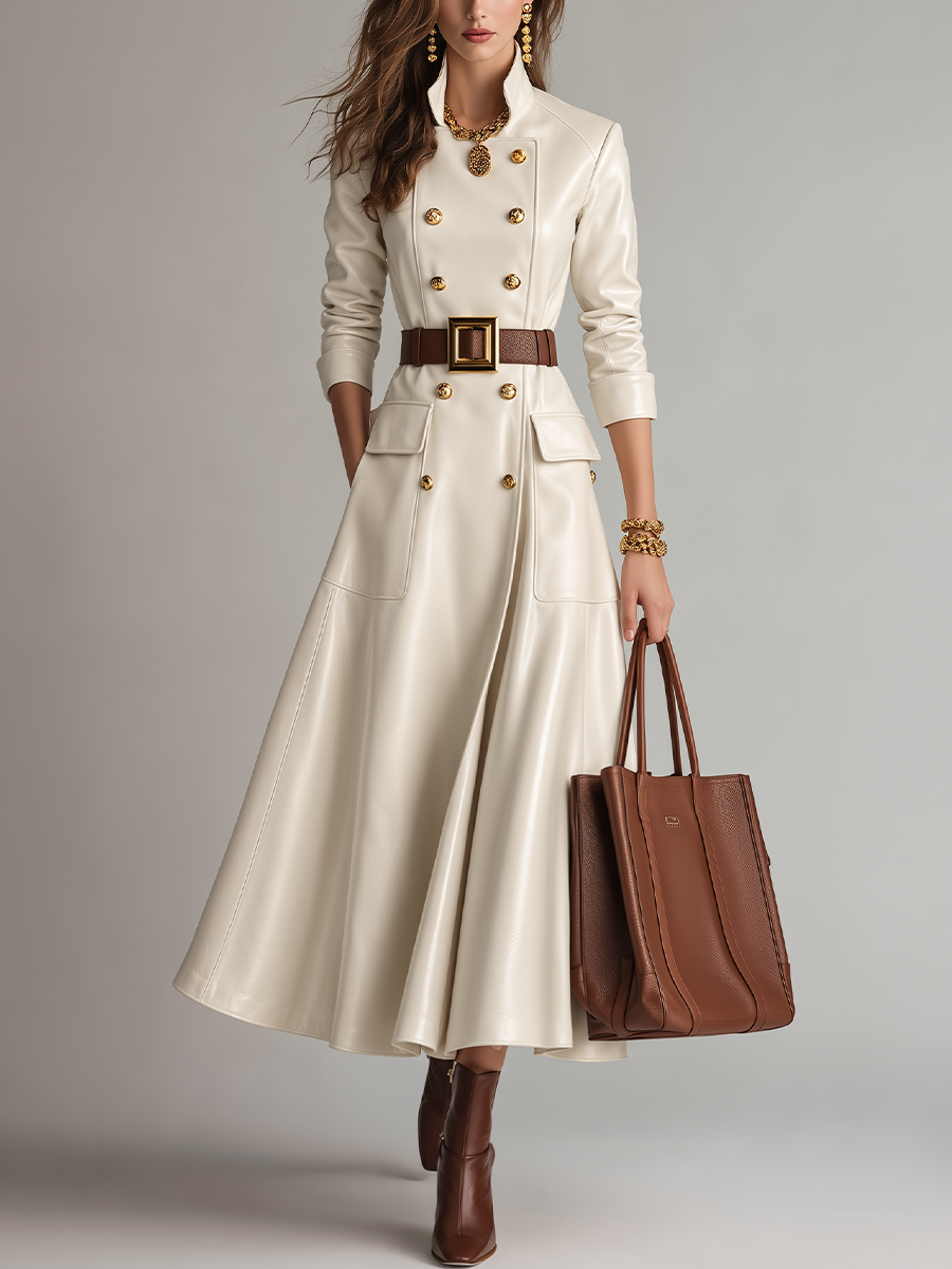 Vestido Abrigo Marfil Refinado con Cinturón y Doble Botonadura - Marfil - XS