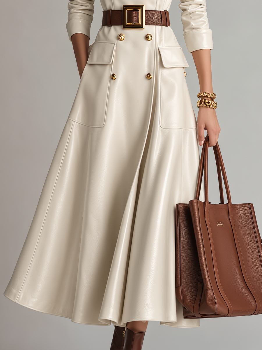 Vestido Abrigo Marfil Refinado con Cinturón y Doble Botonadura - Marfil - XL