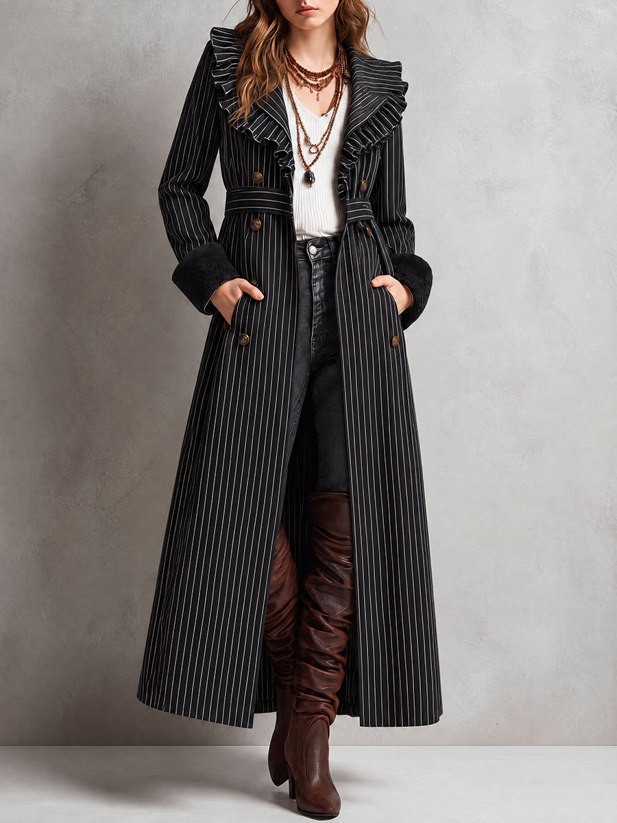 Abrigo Largo Vintage Bohemio de Rayas Diplomáticas con Ribete de Olanes - Negro - XS
