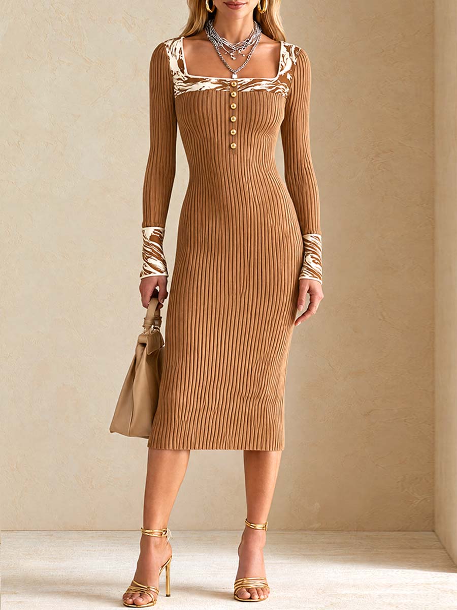 Vestido Midi Acanalado Camel Nomad con Ribete de Cebra - Café - XS