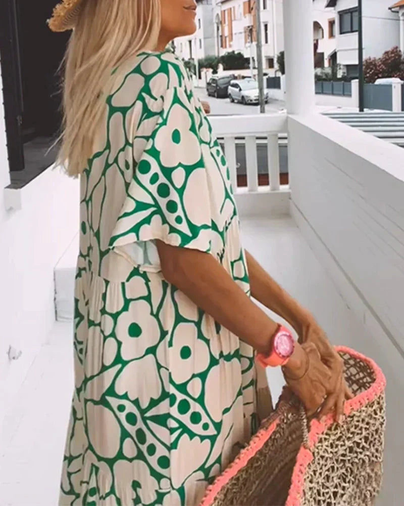 CHRISTINE | Vestido Largo de Verano de Corte Fluido con Elegante Estampado Gráfico - Verde - Casi Agotado - M [38–40]