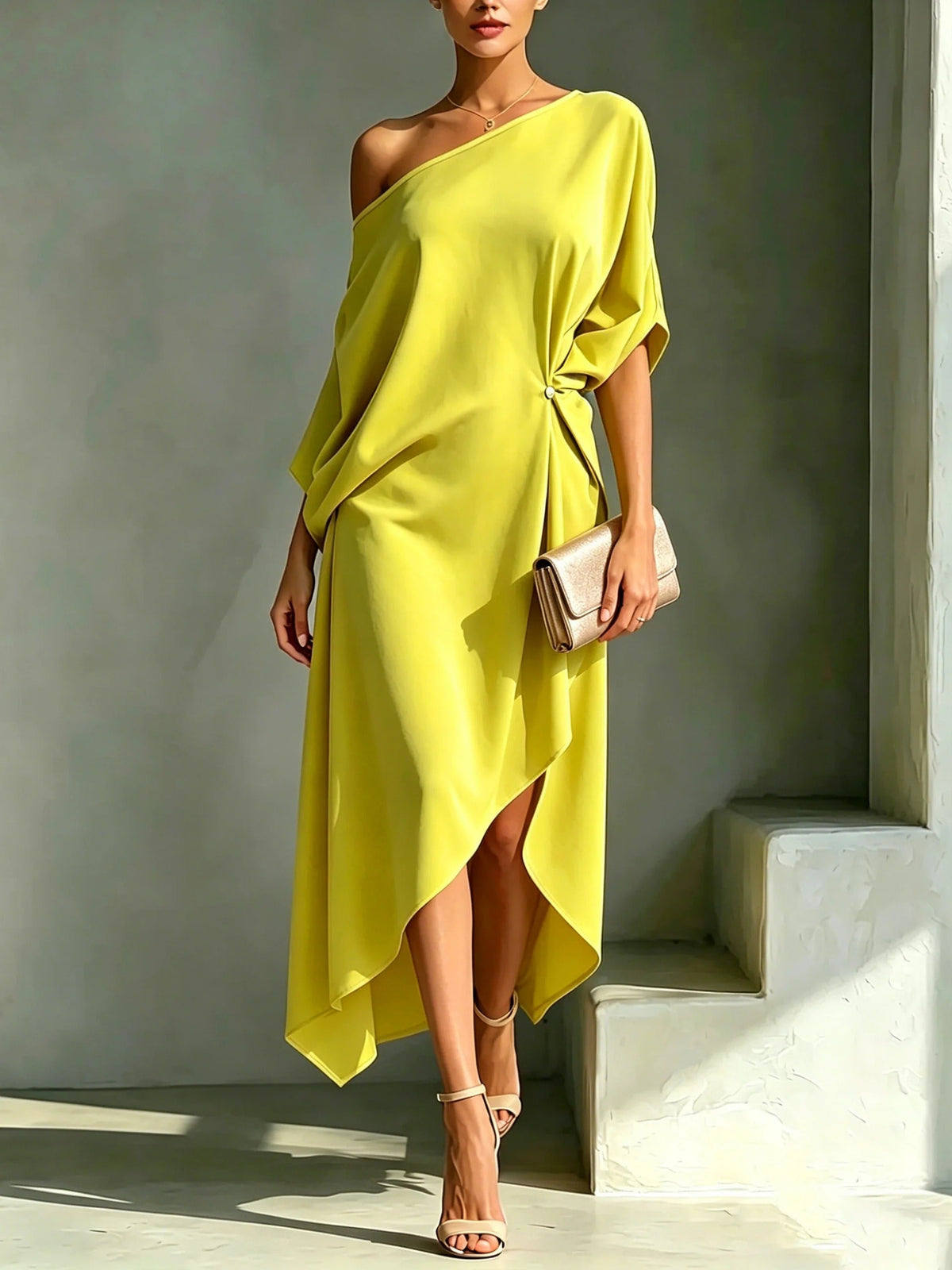 Carlotta | Vestido Midi de Mujer Asimétrico de un Solo Hombro - Amarillo - S