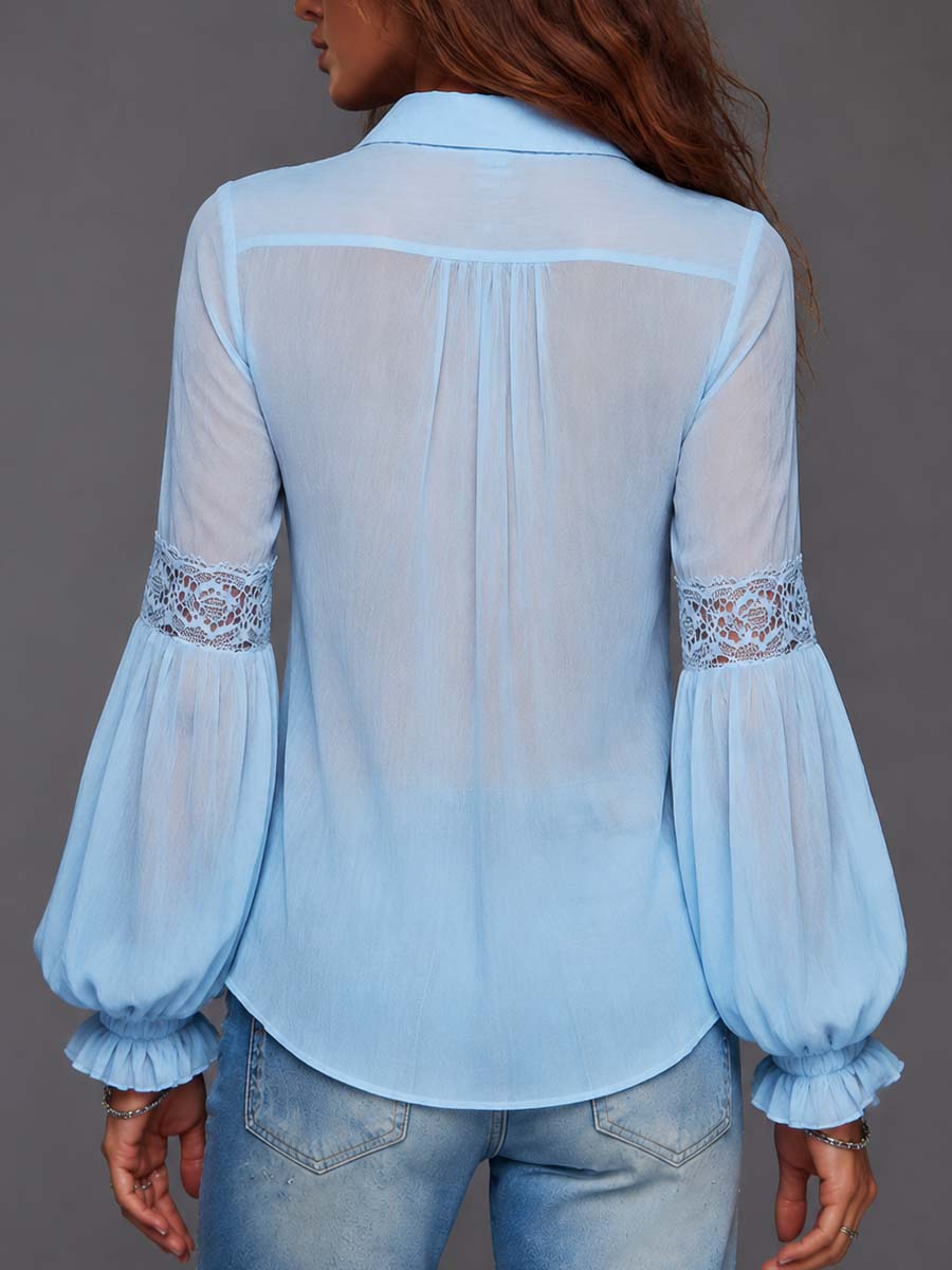 Camisa Boho Transparente con Ribete de Encaje y Mangas Abullonadas - Azul Glaciar - XL