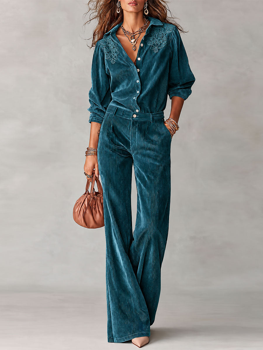 Conjunto Boho de Camisa de Pana con Encaje y Pantalón de Pierna Ancha - Café - S