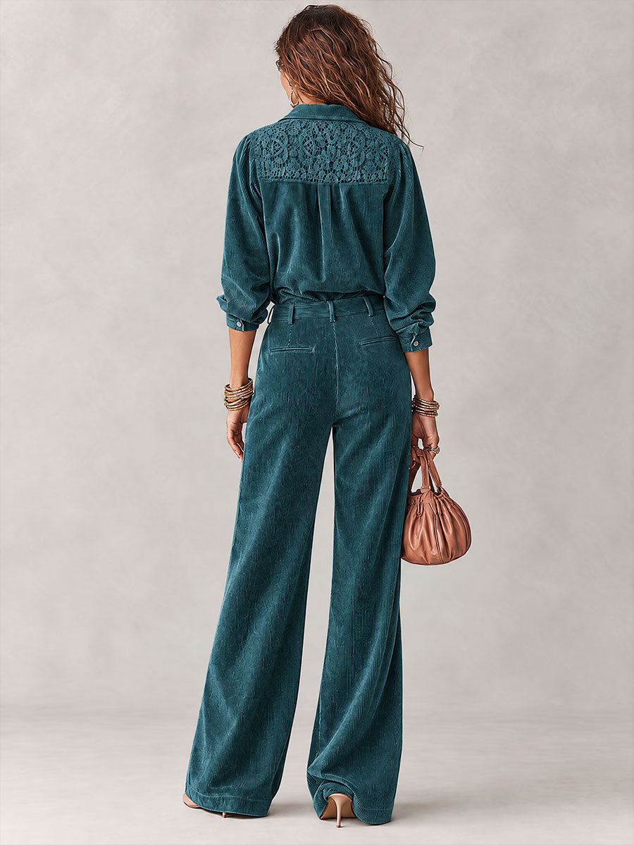 Conjunto Boho de Camisa de Pana con Encaje y Pantalón de Pierna Ancha - Café - M