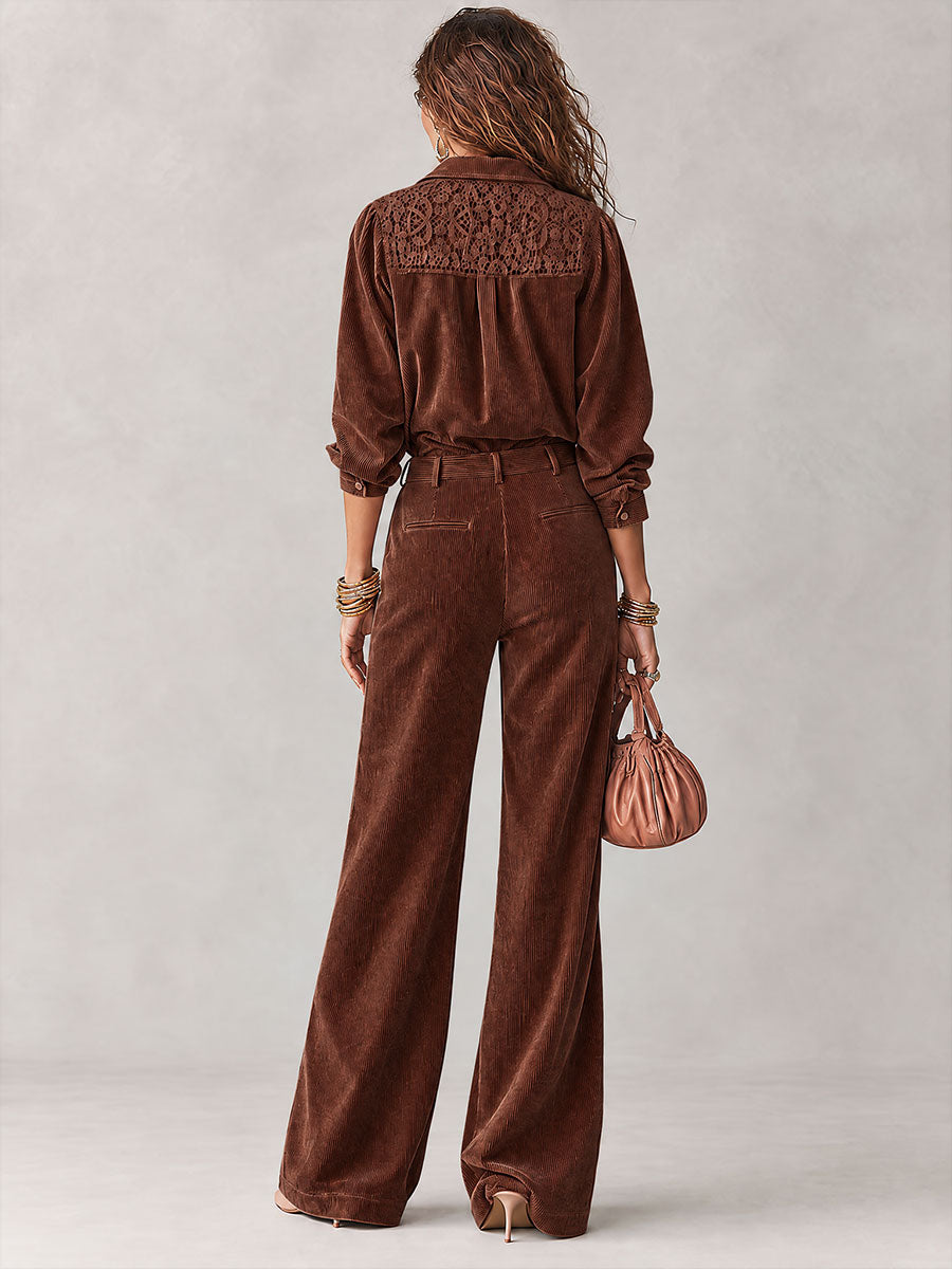 Conjunto Boho de Camisa de Pana con Encaje y Pantalón de Pierna Ancha - Café - XS