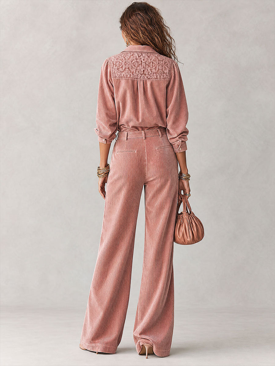 Conjunto Boho de Camisa de Pana con Encaje y Pantalón de Pierna Ancha - Rosa - L