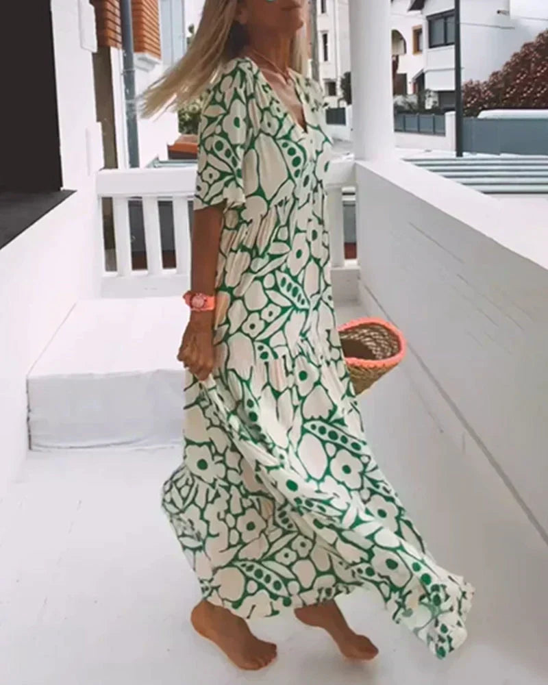 CHRISTINE | Vestido Largo de Verano de Corte Fluido con Elegante Estampado Gráfico - Verde - Casi Agotado - L [40–42]