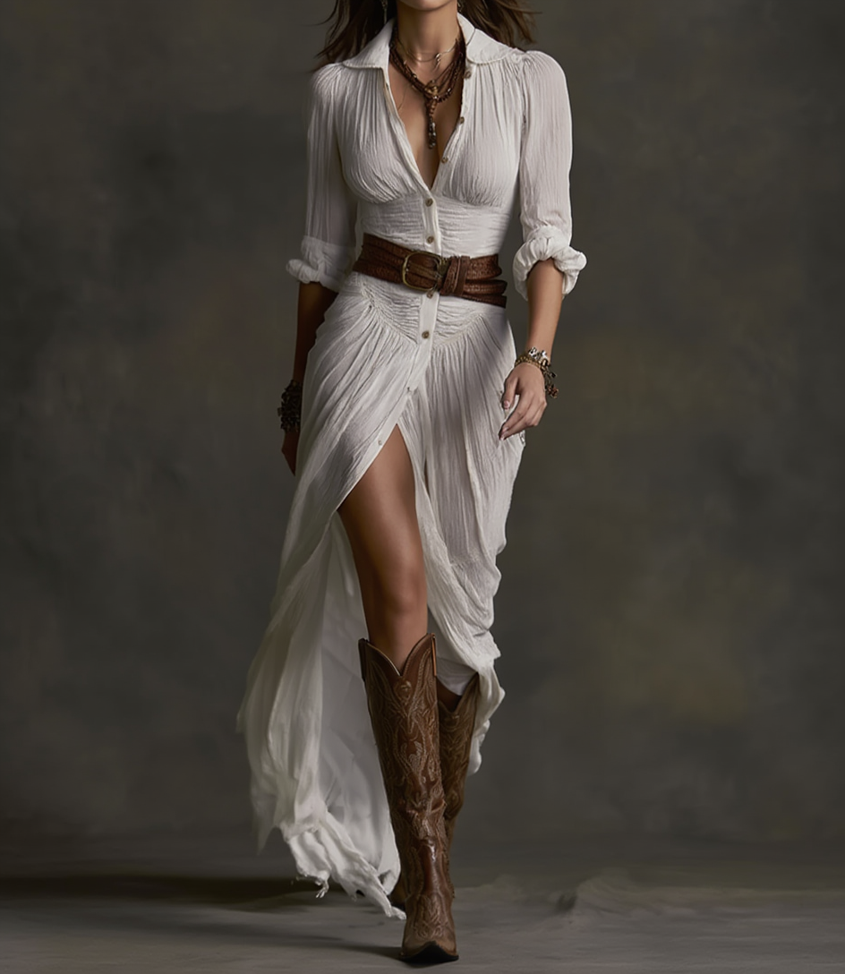Aurore | Vestido Largo de Lino con Cuello Vuelto
