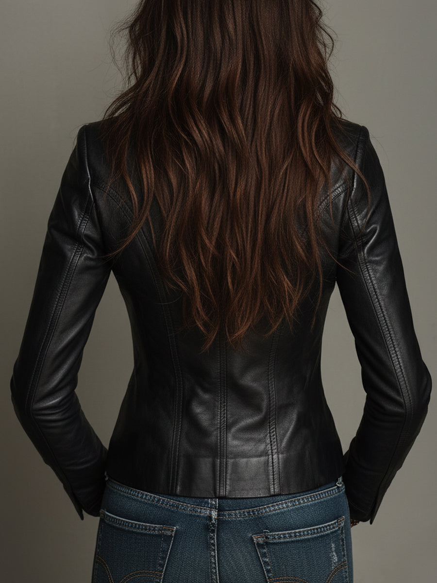 Chaqueta Retro Entallada de Un Solo Pecho en Piel Sintética PU Ecológica - Negro - M
