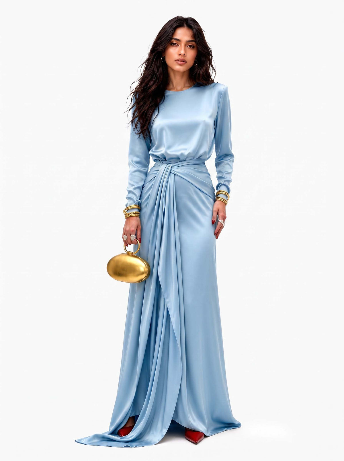 Cassandra | Vestido Largo de Mujer de Satín Drapeado - Naranja - S
