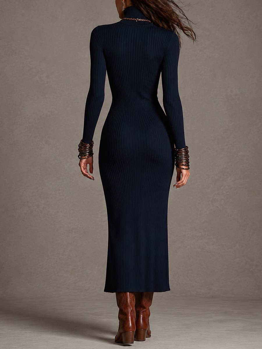Vestido Midi Bodycon Azul Marino de Punto Acanalado Vertical con Cuello Alto, Abertura Frontal, Cierre Lateral y Abertura - Azul Marino - M