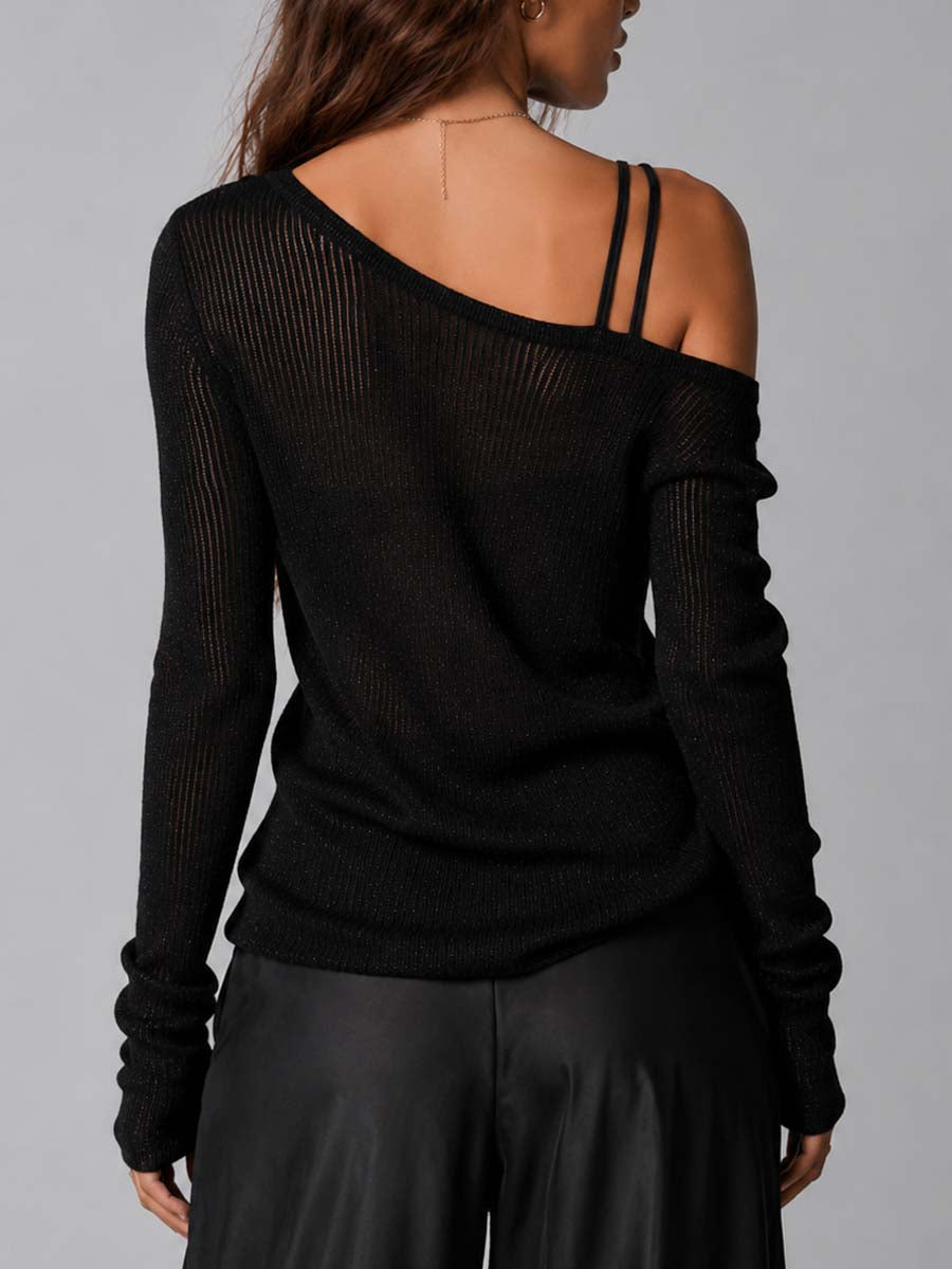 Blusa de Punto Acanalado Negra Transparente con Brillo, Hombros Descubiertos Asimétricos y Doble Tirante Delgado - Negro - 2XL
