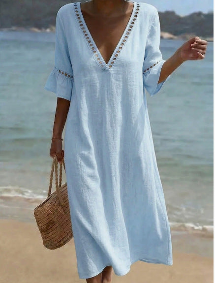 ELARA | Vestido Maxi Fresco, Cómodo y Favorecedor, Estilo Playero - Azul Cielo - XL