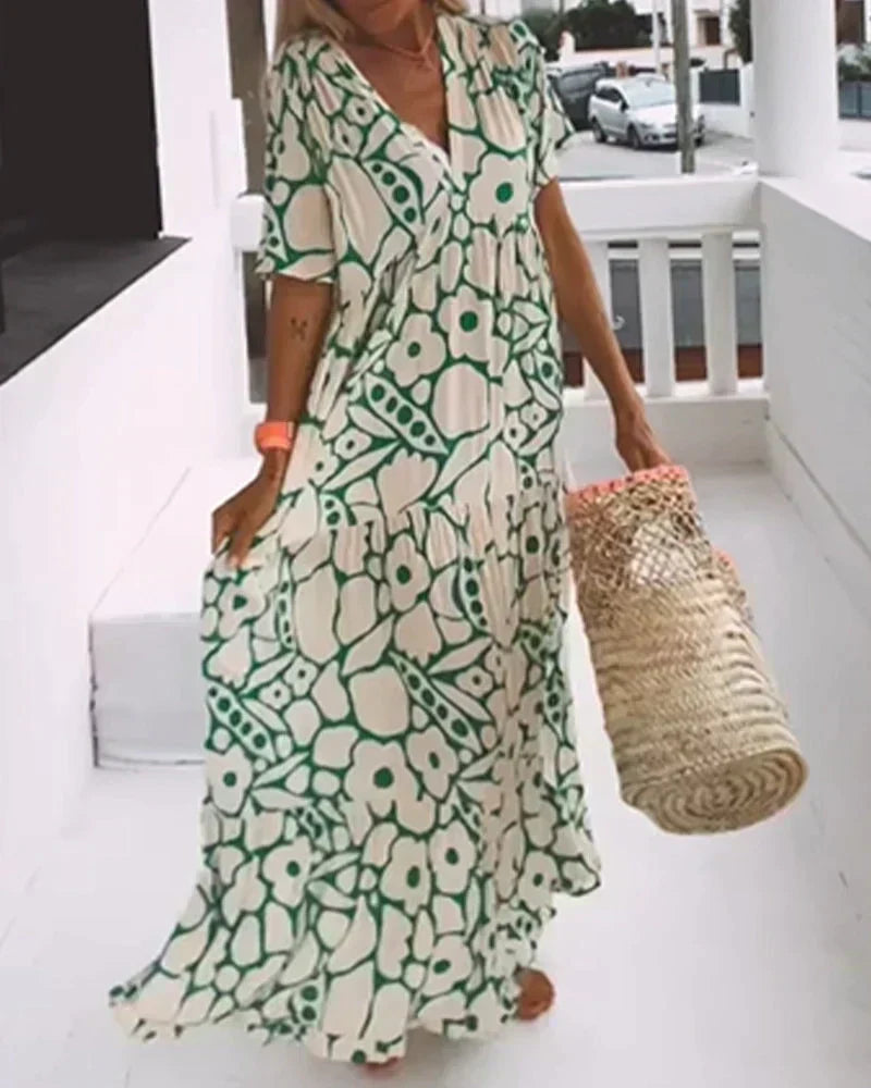 CHRISTINE | Vestido Largo de Verano de Corte Fluido con Elegante Estampado Gráfico - Verde - Casi Agotado - 2XL [46]